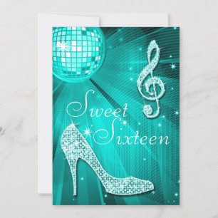 Teal Disco Boll och Gnistra Heels Sweet 16 Inbjudningar