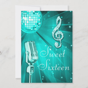 Teal Disco Boll och Retro Microphone Sweet 16 Inbjudningar