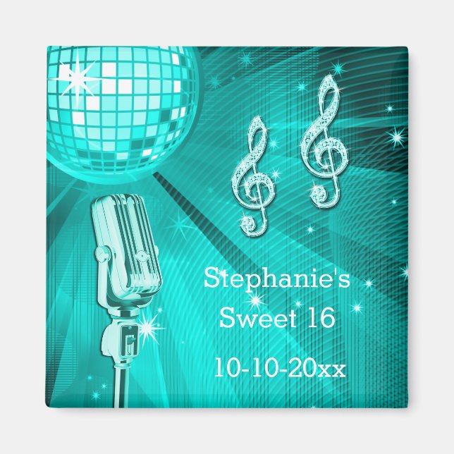 Teal Disco Boll och Retro Microphone Sweet 16 Magnet (Framsidan)