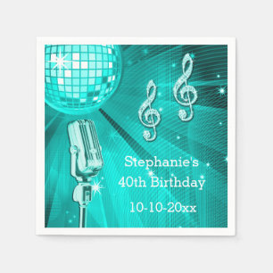 Teal Disco Boll och Retro Mikrofon 40-årsdag Pappersservett