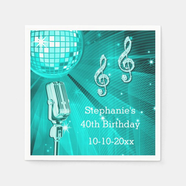 Teal Disco Boll och Retro Mikrofon 40-årsdag Pappersservett (Framsidan)