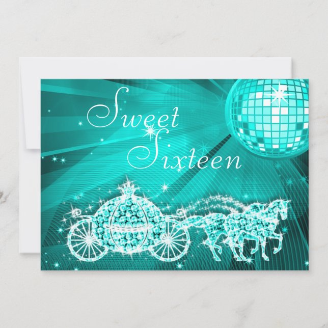 Teal Disco Boll, Princess Coach & Horses Sweet 16 Inbjudningar (Framsida)