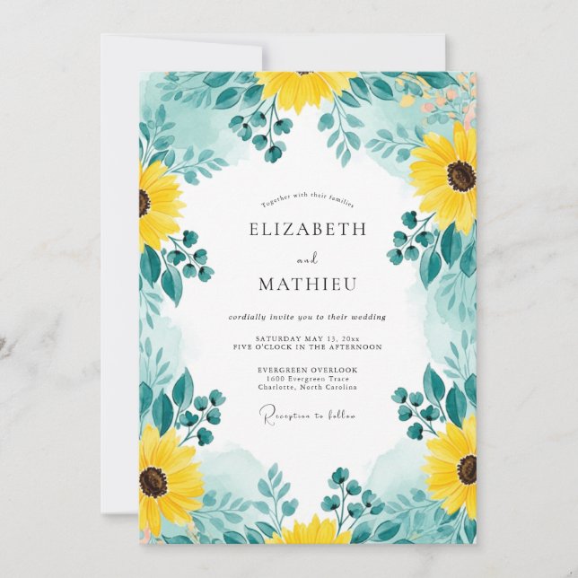 Teal Distinctive Sunflower Wedding Inbjudningar (Framsida)