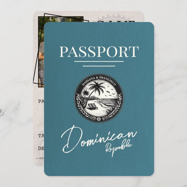 Teal Dominican Republic Passport Save Date Spara Datumet (Fram/baksida)