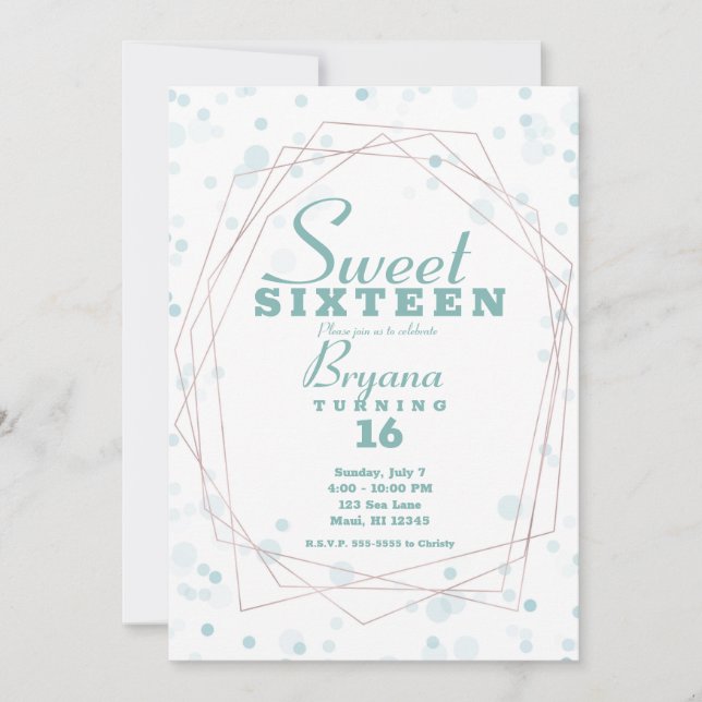 Teal Dots Ro Guld Geometric Modern Sweet 16 Inbjudningar (Framsida)