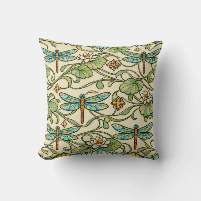 Teal Dragonfly Art Nouveau Botanical Illustration Kudde (Framsida)