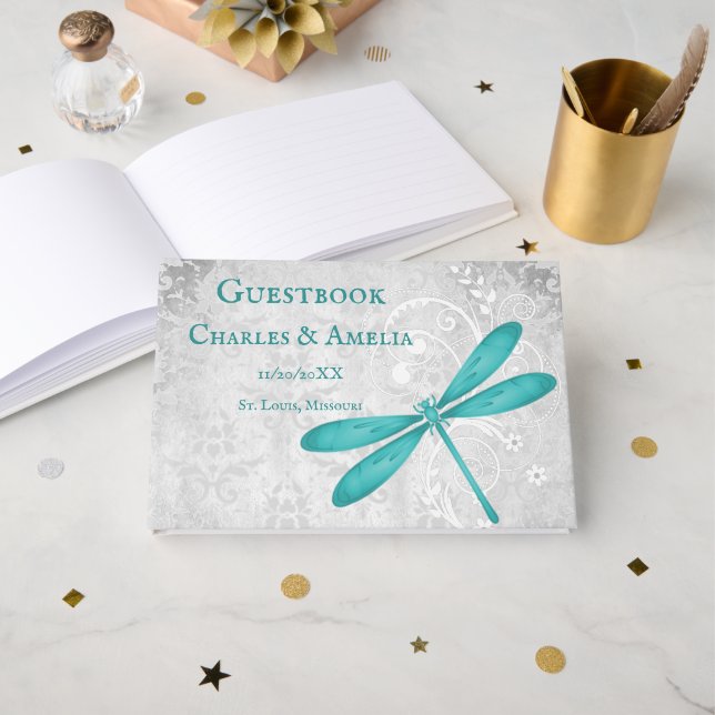 Teal Dragonfly Bröllop Guestbook Gästböcker (Framsida öppen)