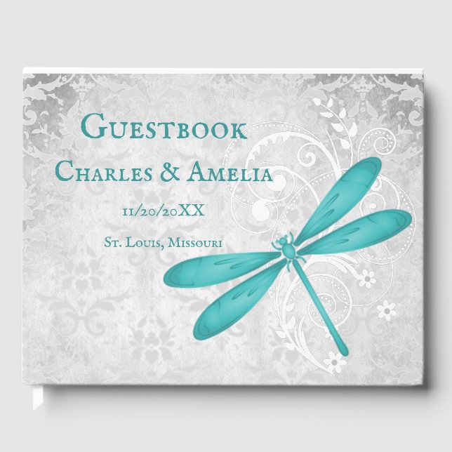 Teal Dragonfly Bröllop Guestbook Gästböcker (Framsida)