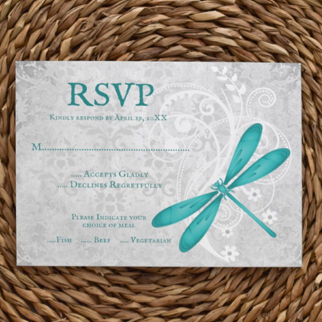 Teal Dragonfly Bröllop OSA Card Kort (Teal Dragonfly Wedding RSVP Card)