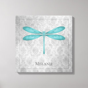 Teal Dragonfly Damask Canvastryck