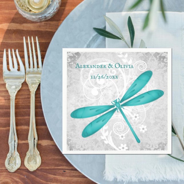 Teal Dragonfly Möhippa Napkin Pappersservett (Teal Dragonfly Bridal Shower Napkin)