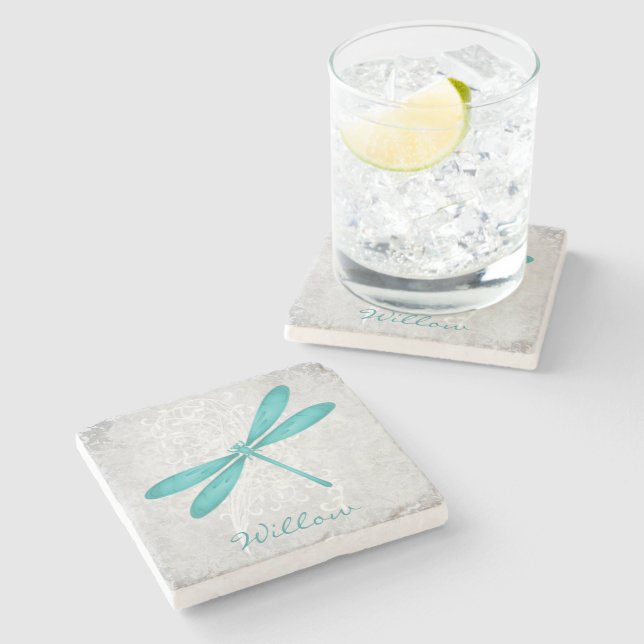 Teal Dragonfly Personlig Stone Underlägg (Sidan)