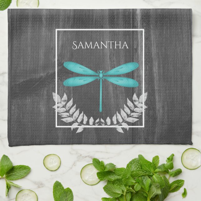 Teal Dragonfly Rustic Kitchen Towel Kökshandduk (Vikta)