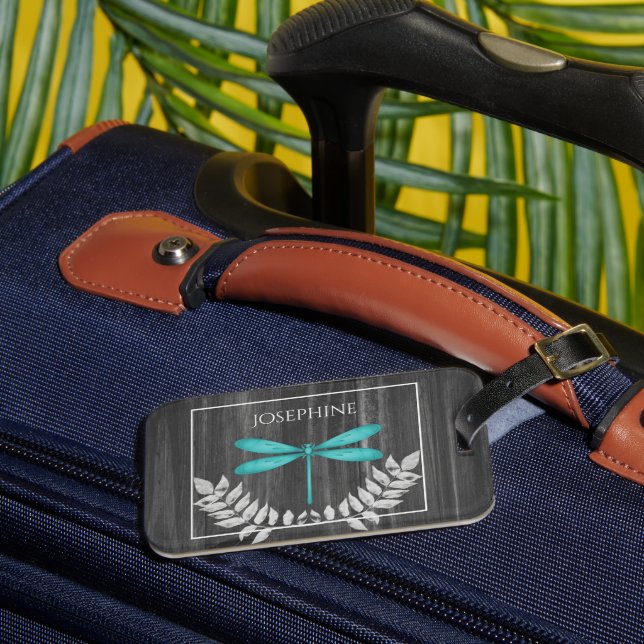Teal Dragonfly Rustic Luggage Tag Bagagebricka (Framsida Insitu 3)