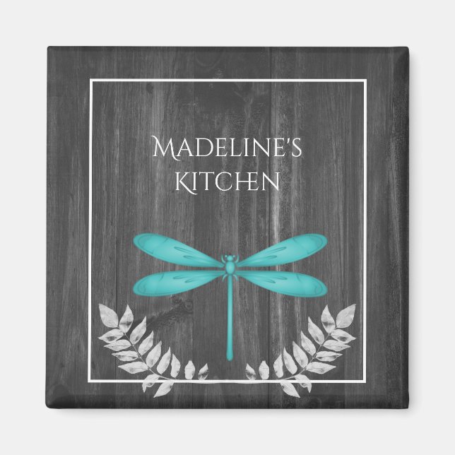 Teal Dragonfly Rustic Magnet (Framsidan)