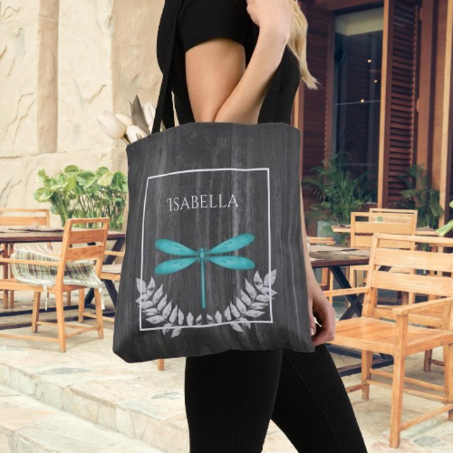 Teal Dragonfly Rustic Personalized Tote Bag Tygkasse (Teal Dragonfly Rustic Personalized Tote Bag)