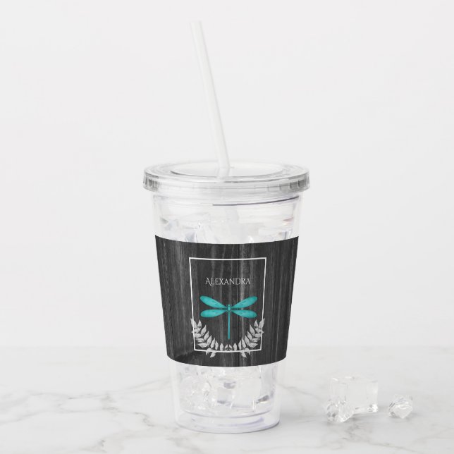 Teal Dragonfly Rustic Personlig Acrylic Tumbler Take Away Mugg (Framsida Ice)