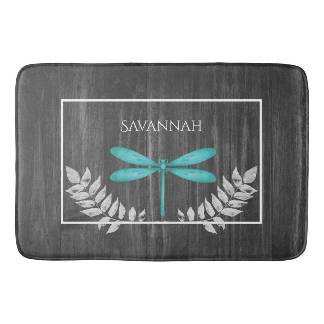 Teal Dragonfly Rustic Personlig Bath Mat Badrumsmatta (Framsidan)