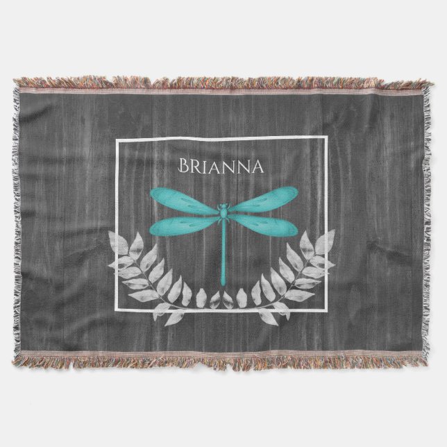 Teal Dragonfly Rustic Personlig Throw Blanket Filt (Framsidan)