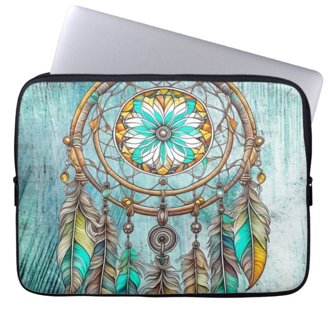 Teal Dreamcatcher Mystical Boho Feathers och Pärlo Laptop Fodral (Framsidan)