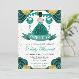 Teal Dress Brunette HairPrincess Sweet 16 Inbjudningar