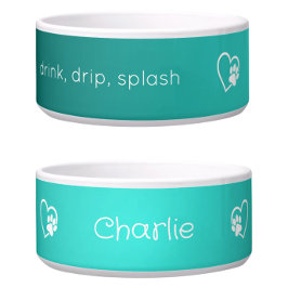 Teal 'drink drip splash' Dog Name Bowl