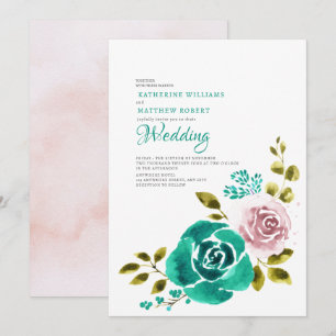 Teal Dusty Ro  Blommigt Bröllop Inbjudningar