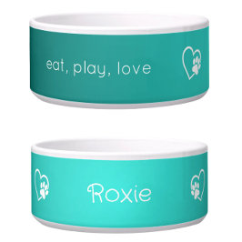 Teal 'eat, play, love' Dog Name Bowl