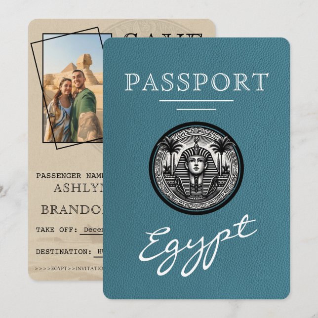 Teal Egypt Passport Wedding Save the Date Spara Datumet (Fram/baksida)