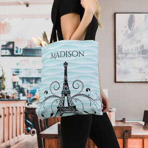 Teal Eiffel Torn Flourish Tote Bag Tygkasse