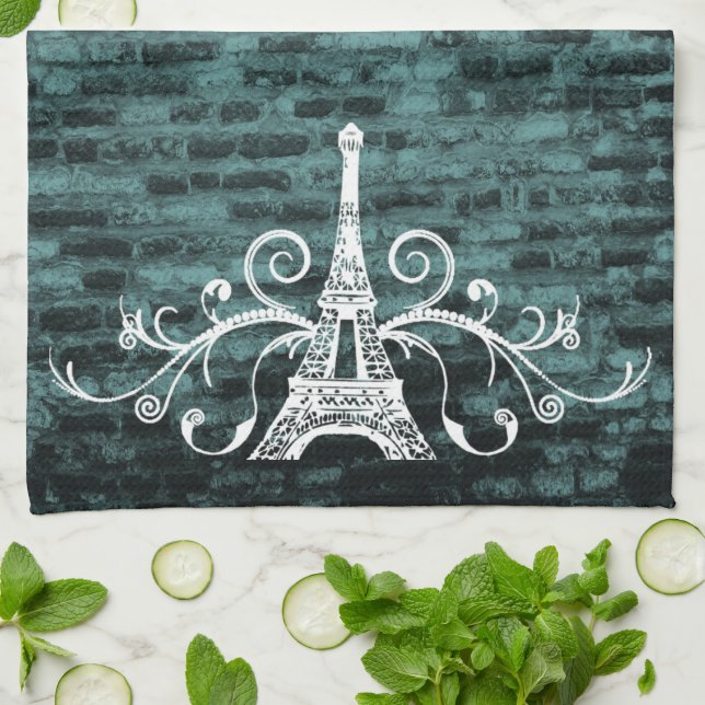 Teal Eiffel Towel Grunge Kitchen Towel Kökshandduk (Vikta)