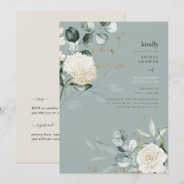 Teal Elegance White Hydrangeas Möhippa Inbjudningar (Fram/baksida)