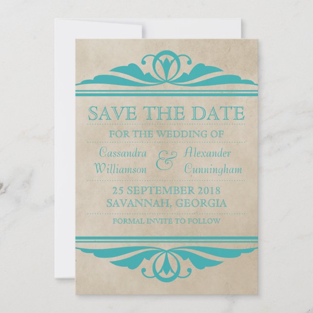 Teal Elegant Deco Save Date Inbjudan (Framsida)