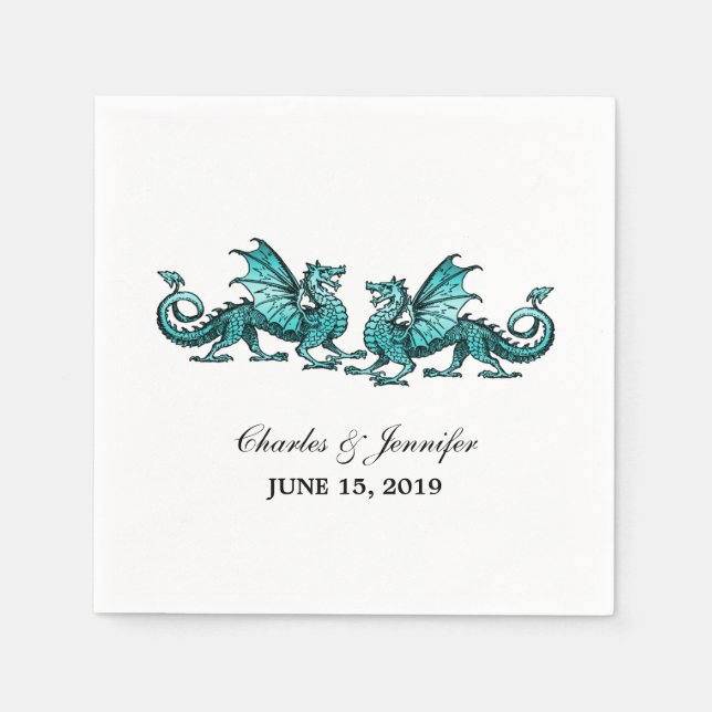 Teal Elegant Dragons Bröllop Pappra Napkins Pappersservett (Framsidan)