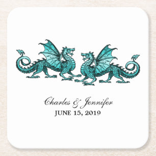 Teal Elegant Dragons Bröllop Pappra Underlägg Papper Kvadrat