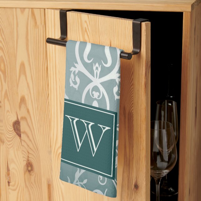 Teal Elegant Flourish Monogram Towel Kökshandduk (Thirds Fold)