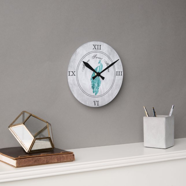 Teal Elegant Peacock Acrylic Wall Clock Rund Klocka (Kontor)