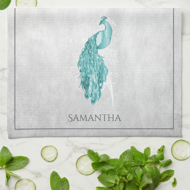 Teal Elegant Peacock Kitchen Towel Kökshandduk (Vikta)