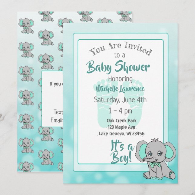 Teal Elephant Baby Shower Inbjudningar (Fram/baksida)