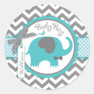 Teal Elephant Bow-tie Chevron Print Baby Shower Runt Klistermärke