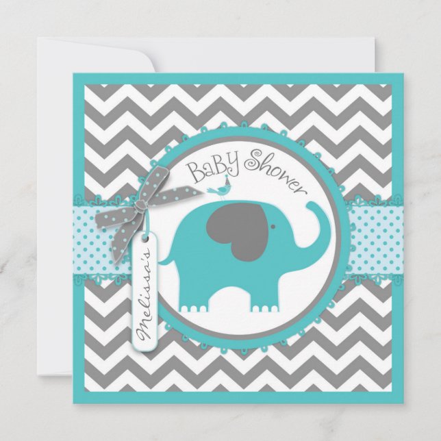 Teal Elephant Boy Chevron Print Baby Shower Inbjudningar (Framsida)