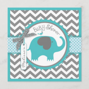 Teal Elephant Boy Chevron Print Baby Shower Inbjudningar