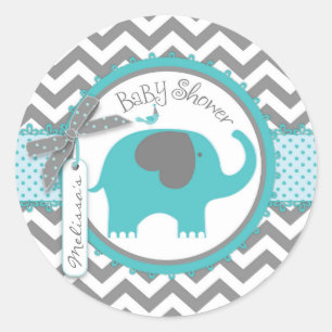 Teal Elephant Boy Chevron Print Baby Shower Runt Klistermärke