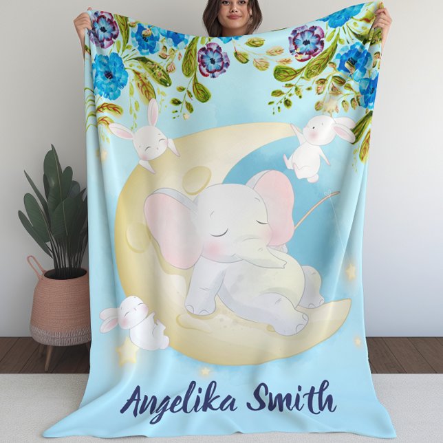 Teal Elephant Crescent Måne Personlig Namn Fleecefilt (Teal Elephant Crescent Moon Personalized Name Fleece Blanket (L))