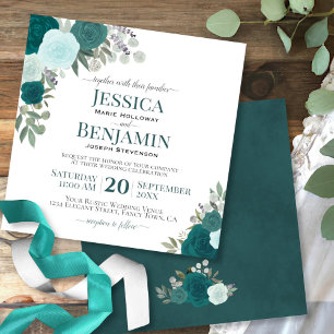 Teal eller turkos Watercolor Ro Elegant bröllop Inbjudningar