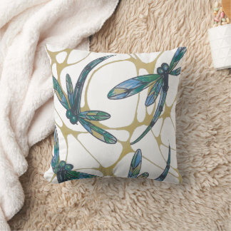 Teal & Emerald Dragonflies on Retro Yellow Groove Kudde