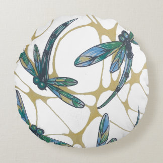 Teal & Emerald Dragonflies on Retro Yellow Groove Rund Kudde