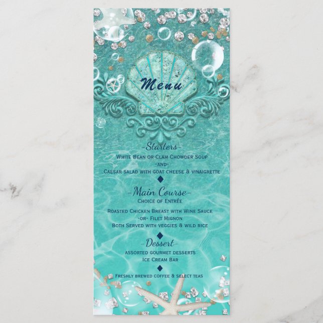 Teal Enchanted Sea Starfish & Bubbles Beach Menu Meny (Framsida)