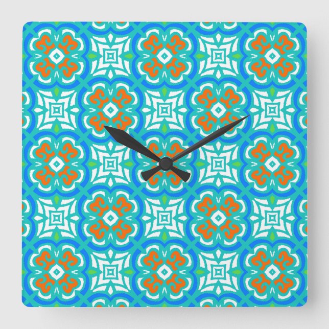Teal Ethnic Mönster Fyrkantig Klocka (Framsida)
