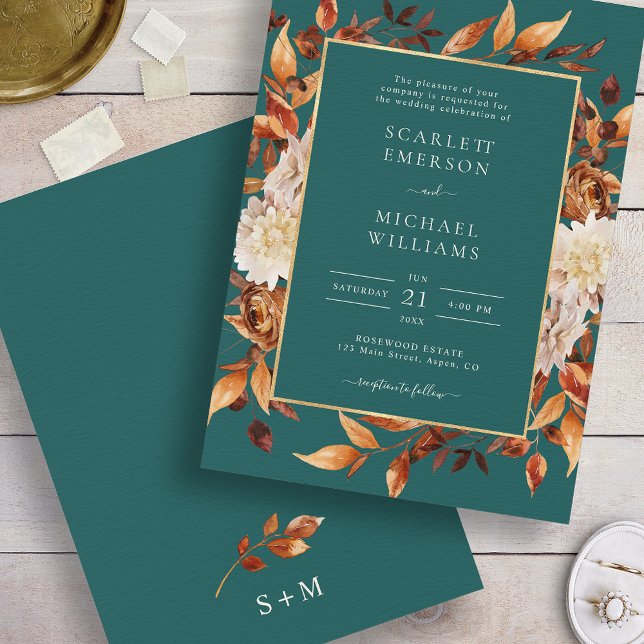 Teal Fall Blommigt Bröllop Inbjudningar (Elegant Copper Leaves Teal Fall Floral Wedding Invitation by Painted Paperie
)